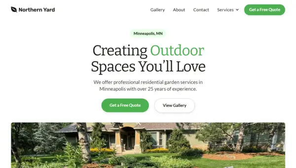Website header for Northern Yard featuring navigation links and a call-to-action to get a free quote for professional residential garden services in Minneapolis.