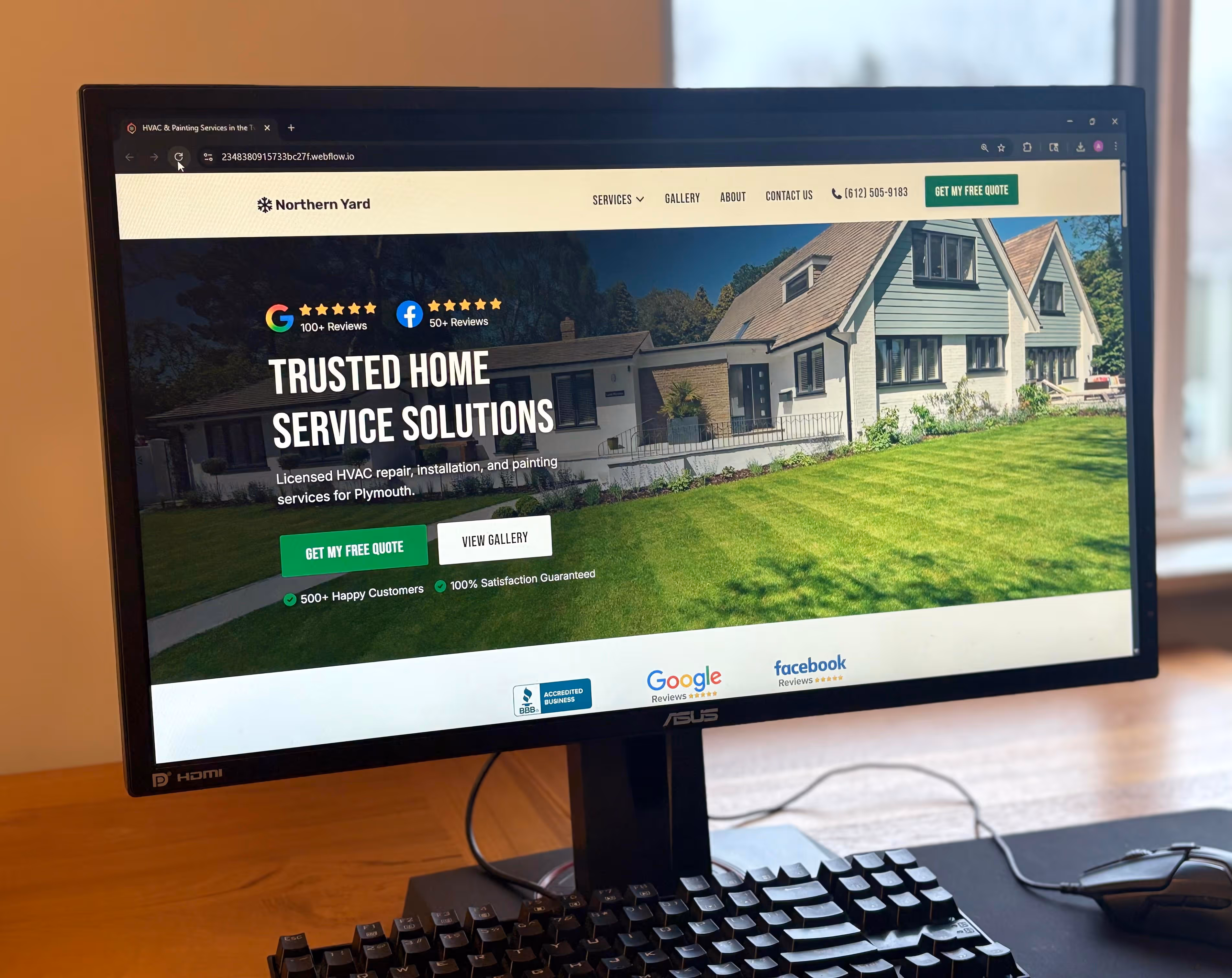 Desktop monitor displaying a finished home service website with Google and Facebook review badges and a Get My Free Quote button.